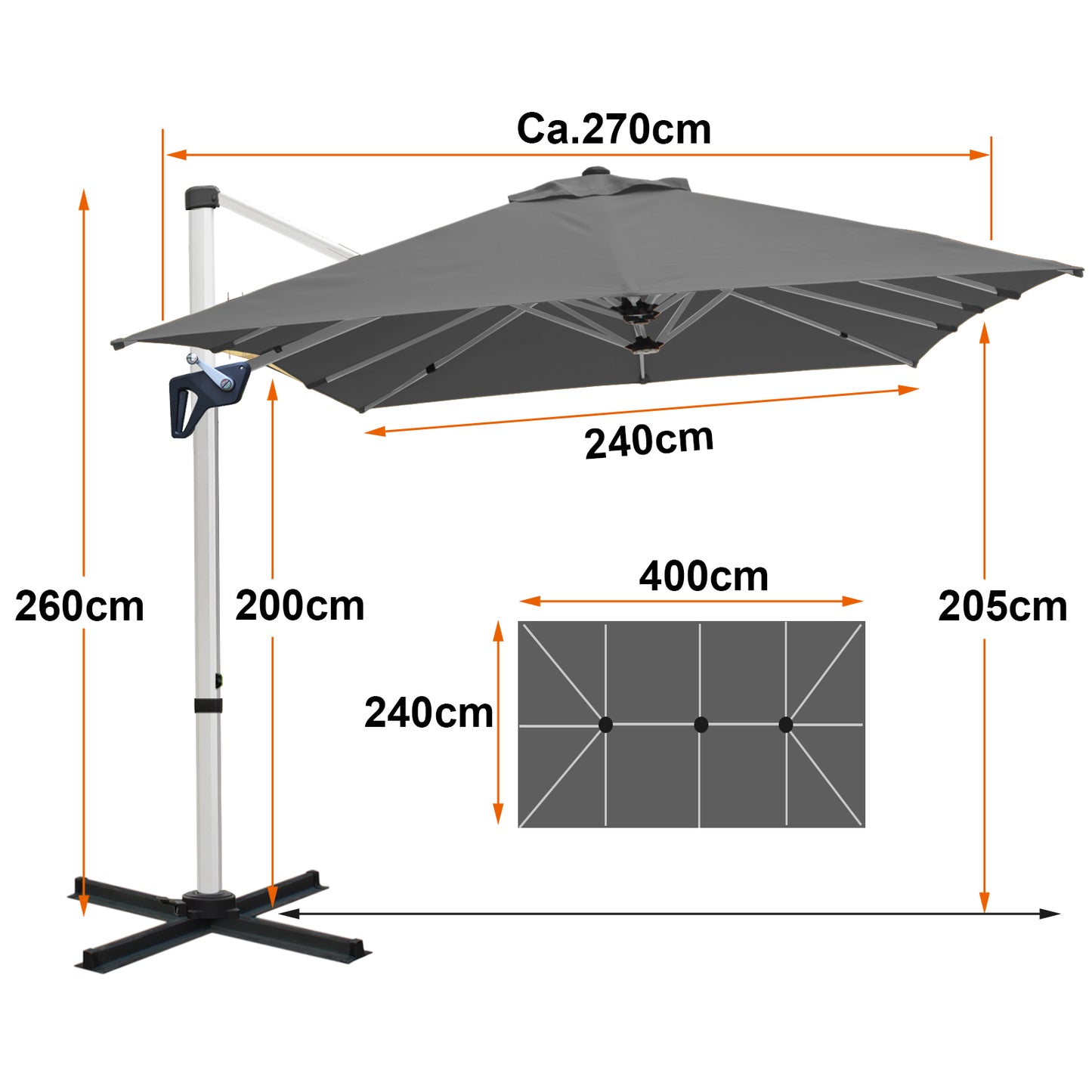 RANSENERS Ampelschirm Rechteckig 400 x 240cm, mit Schirmständer, Doppelsonnenschirm, Drehbar 360°, Neigbar 0°-90°, Extra-Dicker Gewebe, UV50+, für Garten, Terasse, Cafe, im Freien