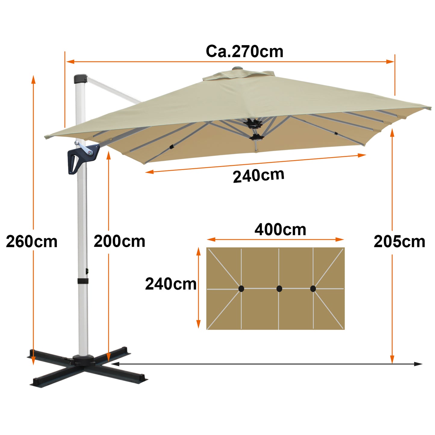 RANSENERS Ampelschirm Rechteckig 400 x 240cm, mit Schirmständer, Doppelsonnenschirm, Drehbar 360°, Neigbar 0°-90°, Extra-Dicker Gewebe, UV50+, für Garten, Terasse, Cafe, im Freien