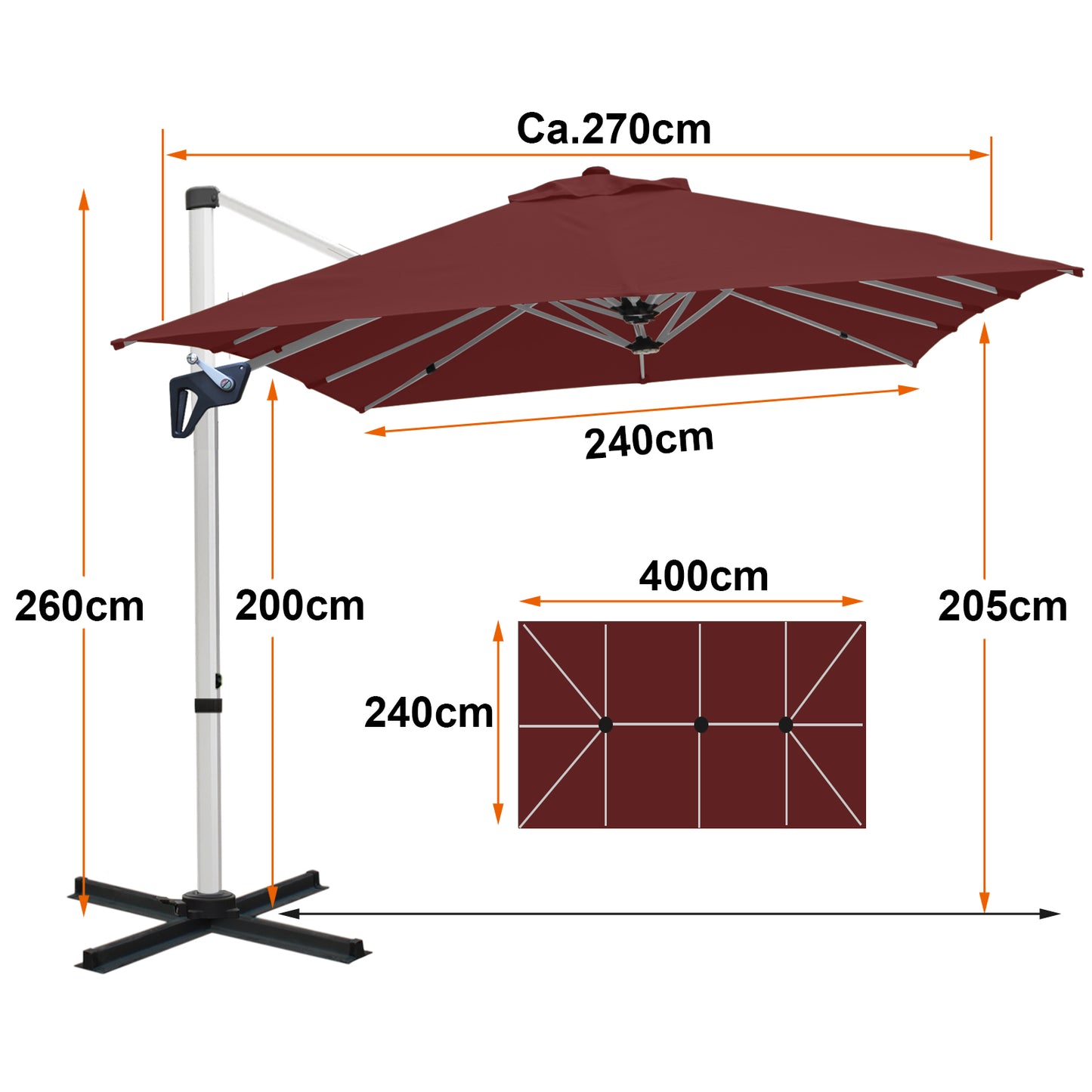 RANSENERS Ampelschirm Rechteckig 400 x 240cm, mit Schirmständer, Doppelsonnenschirm, Drehbar 360°, Neigbar 0°-90°, Extra-Dicker Gewebe, UV50+, für Garten, Terasse, Cafe, im Freien