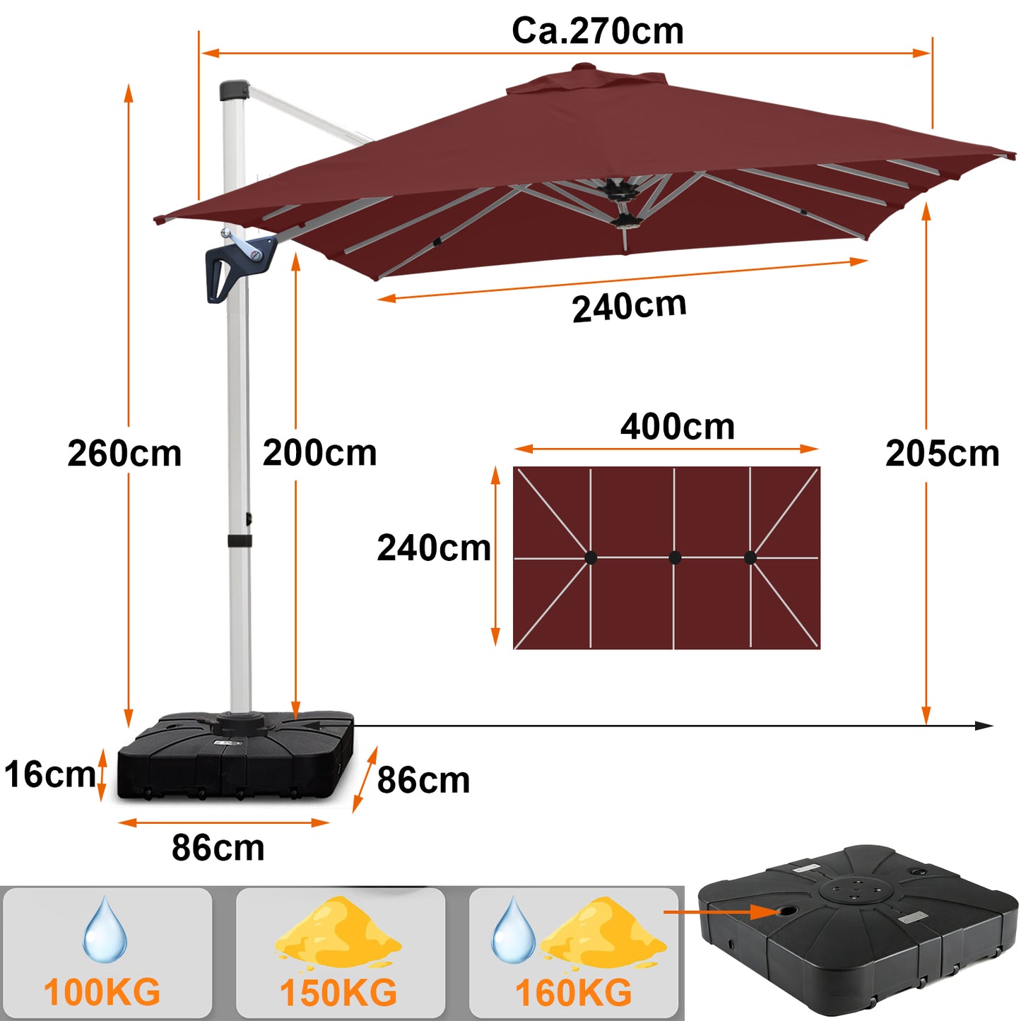 RANSENERS Ampelschirm Rechteckig 400 x 240cm, mit Schirmständer, Doppelsonnenschirm, Drehbar 360°, Neigbar 0°-90°, Extra-Dicker Gewebe, UV50+, für Garten, Terasse, Cafe, im Freien
